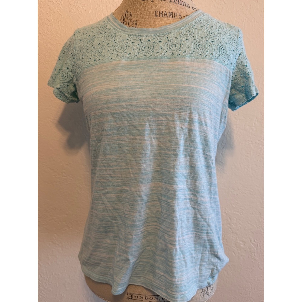 Coral Bay Petite Womens Blue Space Dye Crochet Lace Yoke Short Sleeve Top PM